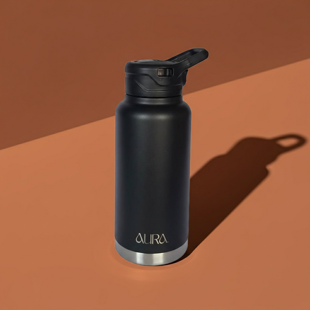 AURA 1L insulated water bottle with carabiner lid on terracotta background