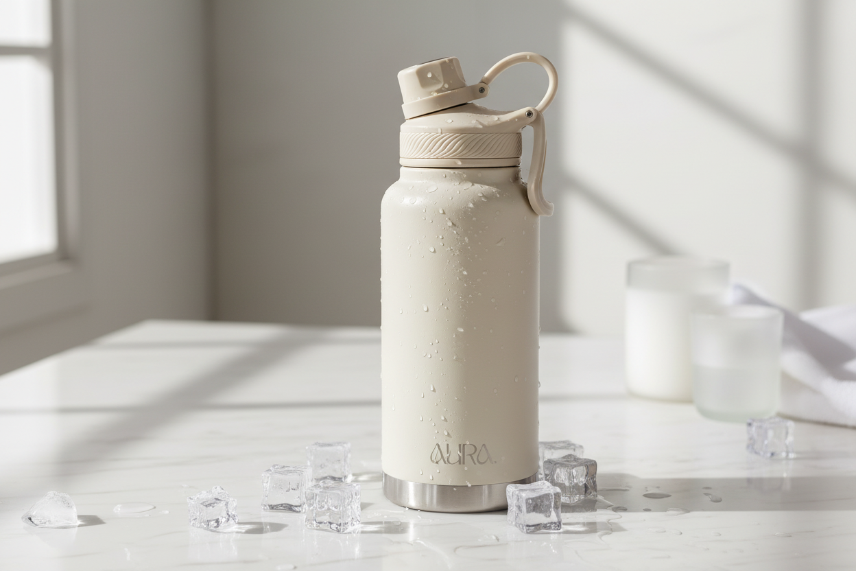 AURA premium insulated water bottle keeping drinks ice cold for 24 hours