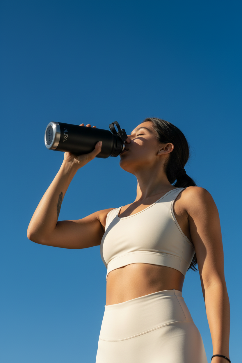 Woman drinking from a black AURA insulated straw lid water bottle outdoors against a blue sky