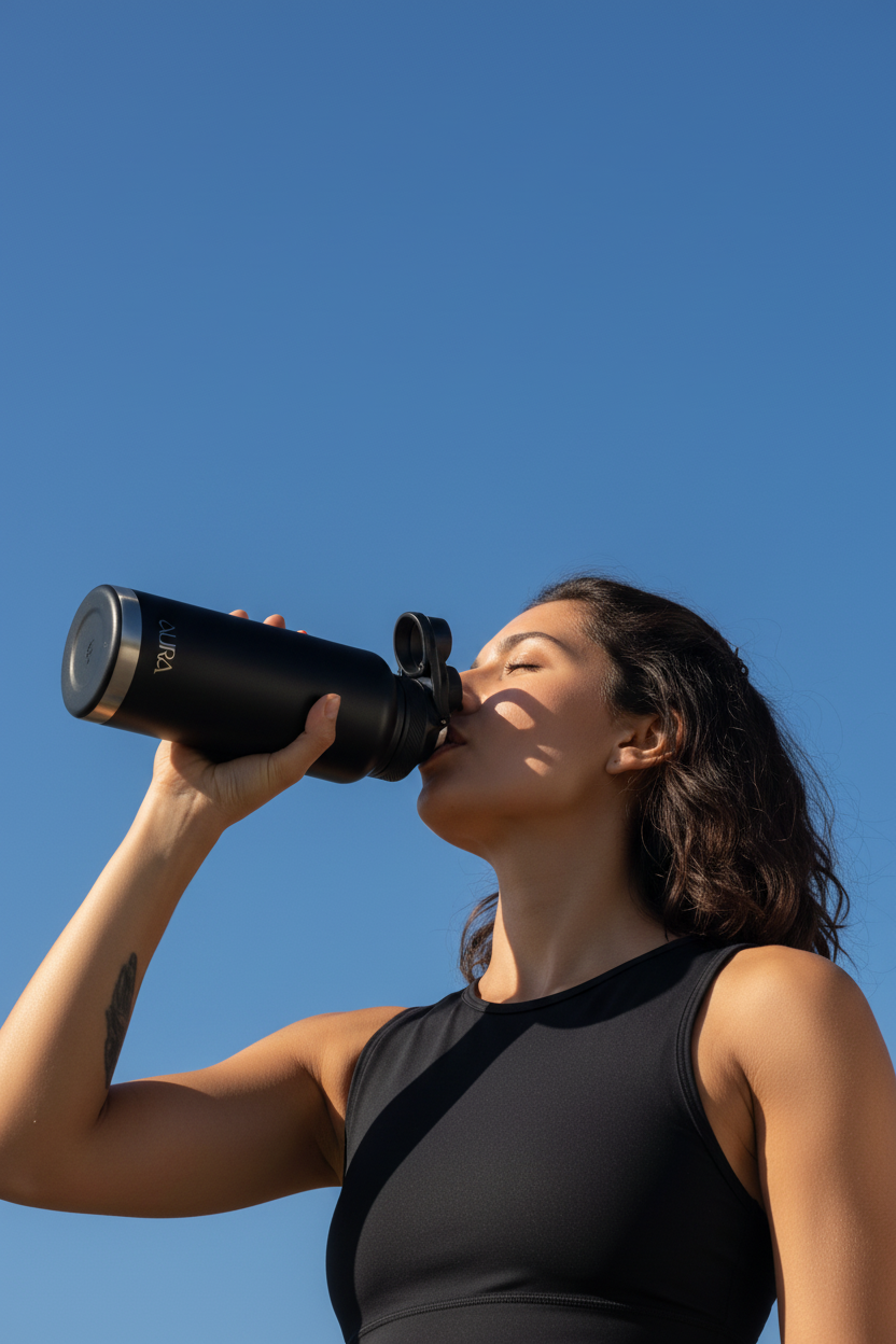 Woman drinking from a matte black AURA stainless steel insulated water bottle outdoors against a blue sky