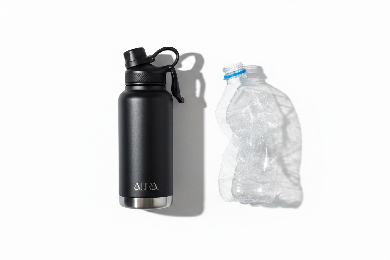 AURA matte black stainless steel water bottle compared to plastic water bottle, BPA free sustainable choice