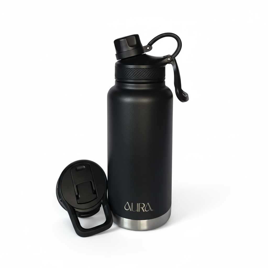 Botella de Agua AURA para Senderismo Reino Unido | 1L Acero Inoxidable Aislada con Mosquetón