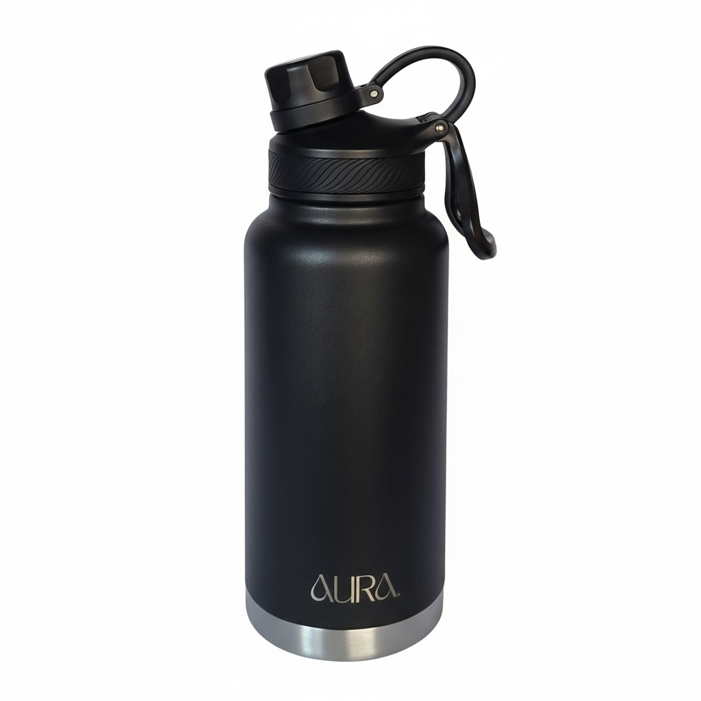 Botella de Agua AURA para Senderismo Reino Unido | 1L Acero Inoxidable Aislada con Mosquetón