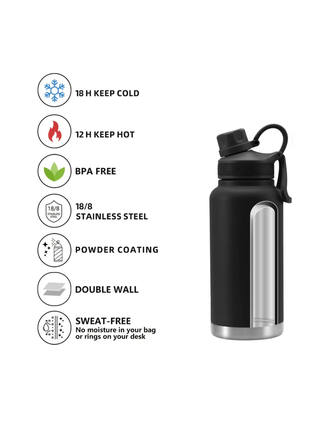 Botella de Agua AURA para Senderismo Reino Unido | 1L Acero Inoxidable Aislada con Mosquetón